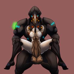 Rule 34 | 1boy, 1girl, artist request, breasts, carrying, ember (warframe), hetero, highres, huge penis, imminent penetration, lifting person, penis, rhino (warframe), simple background, source request, warframe