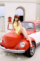 Rule 34 | 1girl, arm support, asian, bare legs, breasts, car, choker, cosplay, dress, hairpods, kipi-san, long hair, looking at viewer, mailbox, motor vehicle, neon genesis evangelion, on vehicle, orange hair, outdoors, photo (medium), red footwear, shoes, short dress, small breasts, solo, souryuu asuka langley, souryuu asuka langley (cosplay), sundress