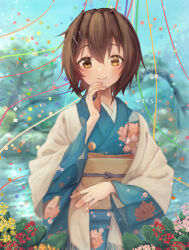 Rule 34 | 1girl, aqua kimono, blurry, blurry background, blush, brown eyes, brown hair, closed mouth, confetti, floral print, flower, furutaka (kancolle), hair between eyes, hair ornament, hairclip, hand up, heterochromia, japanese clothes, kantai collection, kimono, long sleeves, looking at viewer, obi, orange flower, pink flower, print kimono, red flower, sash, short hair, smile, solo, upper body, wide sleeves, wss (nicoseiga19993411), yellow eyes, yellow flower