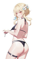 Rule 34 | 1girl, absurdres, ass, bikini, black bikini, blonde hair, breasts, commentary request, cowboy shot, feather hair ornament, feathers, flower, from behind, genshin impact, hair flower, hair ornament, highres, lishu (2013547716), looking at viewer, looking back, lumine (genshin impact), medium breasts, o-ring, o-ring thigh strap, short hair, short hair with long locks, simple background, smile, solo, swimsuit, thigh strap, white background, white flower, yellow eyes