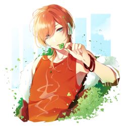 Rule 34 | 1boy, a (dear vocalist), blue eyes, clover, dear vocalist, facing viewer, four-leaf clover, headphones, jewelry, light blue background, looking to the side, male focus, medium hair, multicolored background, murashige-lu, necklace, orange hair, parted lips, solo, white background