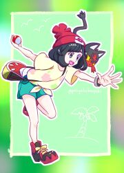 Rule 34 | 1girl, :d, artist name, bag, beanie, black fur, black hair, blurry border, cat, colored sclera, commentary request, creatures (company), cross-laced footwear, game freak, gen 7 pokemon, green background, green shorts, hat, highres, holding, holding poke ball, litten, nintendo, open mouth, outside border, poke ball, poke ball (basic), poke ball print, pokemon, pokemon (creature), pokemon sm, pokepokekonpeki, print headwear, reaching, red eyes, selene (pokemon), shoes, shorts, shoulder bag, simple background, simple bird, smile, solo, standing, standing on one leg, twitter username, wristband, yellow sclera