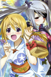 Rule 34 | 10s, 2girls, :d, absurdres, bag, blonde hair, blush, bow, charlotte dunois, eyepatch, floral print, frown, grey hair, hair bow, happy, highres, infinite stratos, japanese clothes, jewelry, kimono, kuniyuki yurie, laura bodewig, long hair, multiple girls, necklace, newtype, obi, official art, open mouth, purple eyes, red eyes, sash, scan, smile, twintails, yukata