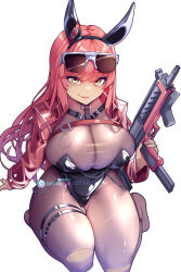Rule 34 | 1girl, alternate costume, animal ears, black leotard, breasts, brown pantyhose, closed mouth, commentary, english commentary, eyewear on head, fake animal ears, goddess of victory: nikke, gun, highres, holding, holding gun, holding weapon, hot vr, jacket, large breasts, leotard, lips, long sleeves, looking at viewer, pantyhose, pixiv username, playboy bunny, rabbit ears, red hair, red jacket, simple background, smile, solo, subscribestar username, sunglasses, volume (nikke), weapon, white background, yellow eyes