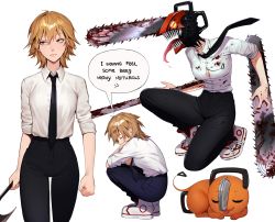 Rule 34 | 1girl, absurdres, axe, black necktie, black pants, blonde hair, blood, blood on clothes, breasts, chainsaw, chainsaw man, character request, commentary, denji (chainsaw man), english commentary, english text, floating neckwear, from side, genderswap, genderswap (mtf), hatchet (axe), highres, large breasts, lavelis, long sleeves, long tongue, medium hair, necktie, pants, pochita (chainsaw man), sharp teeth, shirt, shirt tucked in, shoes, simple background, sneakers, speech bubble, squatting, teeth, tongue, tongue out, weapon, white background, white shirt