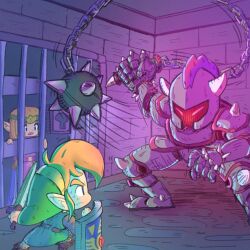 Rule 34 | 1boy, 1girl, armor, ball and chain (weapon), battle, blonde hair, blue eyes, brown hair, dress, elf, frown, hat, horns, knight, link, long hair, looking at another, nervous, nintendo, pink dress, pointy ears, princess zelda, prison cell, red eyes, serious, shield, sweat, swinging, sword, the legend of zelda, the legend of zelda: a link to the past, tiara, tunic, weapon