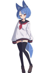 Rule 34 | 1girl, absurdres, animal ears, black sailor collar, black thighhighs, blue hair, blush, brown footwear, closed mouth, dot mouth, fox ears, fox girl, fox tail, full body, highres, loafers, looking at viewer, miya (myakuro), myakuro, neckerchief, original, red neckerchief, sailor collar, school uniform, serafuku, shirt, shoes, short hair, simple background, sleeves past fingers, sleeves past wrists, solo, standing, tail, thighhighs, white background, white shirt