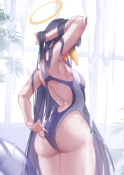 Rule 34 | 1girl, absurdres, adjusting clothes, adjusting swimsuit, arm up, armpits, ass, back, back focus, competition swimsuit, from behind, gradient hair, halo, highres, holding, holding own hair, hololive, hololive english, long hair, multicolored hair, ninomae ina&#039;nis, oakproud, one-piece swimsuit, orange hair, purple hair, signature, solo, swimsuit, tentacle hair, thighs, very long hair, virtual youtuber