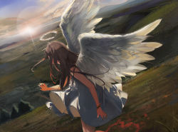 Rule 34 | 1girl, absurdres, angel, angel wings, bad id, bad pixiv id, bracelet, brown hair, cloud, dress, from side, grass, halo, highres, horizon, jenmin12, jewelry, long hair, looking away, mountain, original, scenery, sky, solo, sunset, white dress, wings