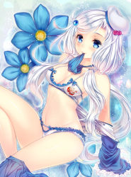 Rule 34 | 1girl, bikini, blue eyes, blush, bow, bow bikini, breasts, flower, frilled bikini, frills, groin, hat, invisible chair, long hair, medium breasts, mouth hold, navel, original, paint musume, silver hair, sitting, solo, swimsuit, twintails, very long hair, white hat
