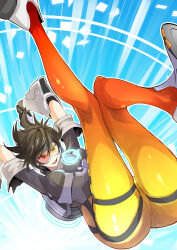 Rule 34 | 1girl, :d, animification, ass, blue background, boots, brown eyes, brown gloves, brown hair, brown jacket, clash kuro neko, gloves, goggles, gun, highres, holding, holding gun, holding weapon, holographic interface, jacket, looking at viewer, open mouth, orange pantyhose, overwatch, pantyhose, shoe soles, short hair, short sleeves, smile, solo, spiked hair, tracer (overwatch), weapon, white footwear
