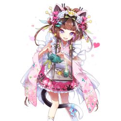 Rule 34 | 1girl, animal ears, apron, artist request, between legs, brown hair, cat ears, cat tail, character request, cup, double bun, floral print, hair bun, hair ornament, hairclip, headdress, heart, holding, long sleeves, looking at viewer, multicolored hair, open mouth, paw print, pouring, purple eyes, ribbon, round teeth, solo, streaked hair, tail, tail between legs, tail ornament, tail ribbon, teacup, teapot, teeth, transparent background, tray, two-tone hair, uchi no hime-sama ga ichiban kawaii, white hair, wide sleeves