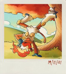 Rule 34 | :d, artist name, black eyes, cloud, commentary, creatures (company), dated, game freak, gen 4 pokemon, grass, handstand, happy, highres, hill, infernape, nintendo, one arm handstand, open mouth, outdoors, pokemon, smile, starly, teeth, teletelo, tree
