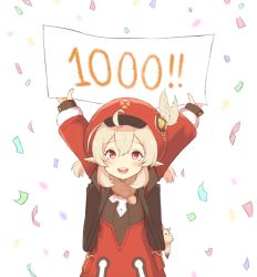 Rule 34 | 1girl, :d, backpack, bag, blonde hair, blush, confetti, genshin impact, hat, holding, holding sign, jalm, klee (genshin impact), looking at viewer, milestone celebration, open mouth, pointy ears, red hat, sign, smile, solo