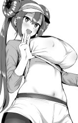 Rule 34 | 1girl, absurdres, alternate breast size, blush, breasts, clothes lift, covered erect nipples, creatures (company), double bun, game freak, greyscale, hair between eyes, hair bun, hat, highres, hotate-chan, large breasts, lifted by self, long hair, monochrome, navel, nintendo, open mouth, pantyhose, pokemon, pokemon bw2, raglan sleeves, rosa (pokemon), shirt, shirt lift, shorts, simple background, solo, twintails, visor cap