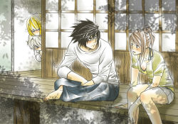 Rule 34 | 1girl, 3boys, bags under eyes, barefoot, black hair, blonde hair, breasts, brown hair, cleavage, commentary request, death note, frown, hiding, indian style, l (death note), medium breasts, mello (death note), multiple boys, near (death note), original, ponytail, short shorts, shorts, silver hair, sitting, sliding doors, tree shade, tylergenecom
