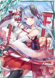 Rule 34 | 1girl, akkijin, animal ears, arrow (projectile), bare shoulders, blue hair, bow (weapon), cat ears, fingerless gloves, floral print, frilled skirt, frills, gloves, hair ornament, holding, holding bow (weapon), holding weapon, japanese clothes, official art, outdoors, red eyes, red ribbon, ribbon, shinkai no valkyrie, short hair, skirt, snow, tail, thighhighs, weapon