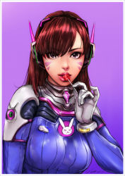 Rule 34 | 1girl, absurdres, animal print, blue bodysuit, bodysuit, border, breasts, brown eyes, brown hair, candy, commentary request, d.va (overwatch), dated, eating, facepaint, facial mark, food, glint, gloves, gradient background, graphite (medium), gtolin chang, headphones, high collar, highres, lips, lollipop, long hair, looking at viewer, making-of available, medium breasts, nose, overwatch, overwatch 1, pilot suit, pink lips, purple background, rabbit print, ribbed bodysuit, shiny clothes, skin tight, solo, swept bangs, traditional media, upper body, whisker markings, white border, white gloves