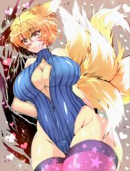 Rule 34 | 1girl, animal ears, arms behind back, bare hips, blonde hair, blush, breasts, colored eyelashes, cowboy shot, curvy, embarrassed, fox ears, fox tail, front zipper swimsuit, heart, highres, large breasts, looking down, meme attire, multiple tails, one-piece swimsuit, print thighhighs, purple thighhighs, short hair, solo, star (symbol), star print, sweatdrop, swimsuit, tail, thick thighs, thighhighs, thighs, touhou, wakura (gcdan), wide hips, yakumo ran, yellow eyes, zipper