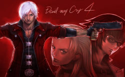 Rule 34 | 1boy, 2girls, belt, black hair, blonde hair, blue eyes, boyaking, capcom, choker, coat, dante (devil may cry), devil may cry, devil may cry (series), devil may cry 4, facial hair, fingerless gloves, gloves, gun, handgun, lady (devil may cry), multiple girls, outstretched arms, outstretched hand, smirk, stubble, sunglasses, trench coat, trish (devil may cry), weapon, white hair