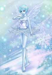 Rule 34 | 1girl, blue hair, blue skin, breasts, cleavage, colored skin, fairy, fairy wings, monster girl, peiyu zhou, pointy ears, red eyes, short hair, small breasts, snow, solo, wings, winter