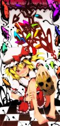 Rule 34 | 1girl, alternate wings, bad id, bad pixiv id, barefoot, blonde hair, face, feet, female focus, flandre scarlet, foreshortening, grin, hat, highres, laevatein, long image, red eyes, skull, smile, solo, tall image, toes, touhou, wings, zen33n