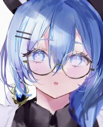 Rule 34 | 1girl, :o, absurdres, blue hair, close-up, earrings, glasses, highres, hololive, hoshimachi suisei, hoshimachi suisei (maid), jewelry, looking at viewer, maid, mile (off8mile), parted lips, round eyewear, simple background, solo, star (symbol), star in eye, symbol in eye, virtual youtuber, white background