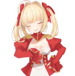 Rule 34 | 10s, 1girl, ahoge, alternate hairstyle, closed eyes, doyagao, dress, epaulettes, fate/extra, fate (series), hair intakes, hair ribbon, hand on own chest, juliet sleeves, long sleeves, munuko, nero claudius (fate), nero claudius (fate) (all), nero claudius (fate/extra), open mouth, puffy sleeves, red dress, red ribbon, ribbon, sidelocks, simple background, smile, smug, solo, twintails, upper body, white background