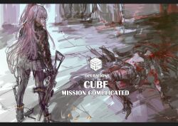 2girls alternate_hair_color assault_rifle black_footwear black_hair black_jacket black_pantyhose blood blood_splatter boots character_request check_character commentary_request corpse english_text exploded_head girls&#039;_frontline grey_skirt gun guro highres holding holding_gun holding_weapon jacket long_hair looking_at_another multiple_girls on_ground one_side_up orange_eyes osakana_(denpa_yun&#039;yun) ouroboros_(girls&#039;_frontline) pantyhose pink_hair profile rifle scene_reference severed_arm severed_limb shadow skirt standing topless ump45_(girls&#039;_frontline) weapon