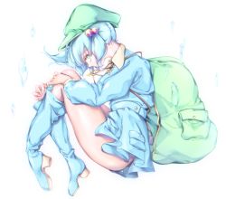 Rule 34 | 1girl, backpack, bag, blue hair, blue shirt, blue skirt, boots, commentary request, flat cap, full body, glance, hair bobbles, hair ornament, hat, highres, hugging own legs, kawashiro nitori, key, knee boots, long hair, long sleeves, looking at viewer, medium hair, miniskirt, rubber boots, shirt, short twintails, skirt, solo, thighs, touhou, twintails, two side up, uruoshi, water, white background
