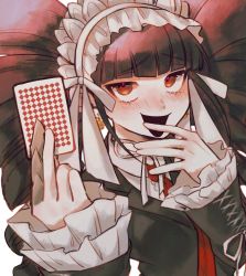 Rule 34 | 1girl, :d, bad id, bad twitter id, bbjj 927, blunt bangs, blush, bonnet, brown hair, card, celestia ludenberg, claw ring, danganronpa: trigger happy havoc, danganronpa (series), drill hair, earrings, frills, gothic lolita, hand up, highres, holding, holding card, jewelry, lolita fashion, long hair, long sleeves, looking at viewer, necktie, open mouth, red eyes, smile, solo, twin drills, twintails, upper body