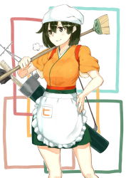 Rule 34 | 10s, 1girl, apron, breasts, broom, hand on own hip, hiryuu (kancolle), kantai collection, large breasts, poco (backboa), short hair, simple background, smile, solo