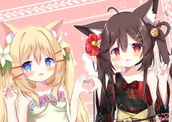 Rule 34 | 2girls, :d, ahoge, animal ear fluff, animal ears, bare shoulders, bell, black kimono, blonde hair, blush, bow, braid, brown hair, cat ears, claw pose, collarbone, commentary request, dress, fang, flower, fox ears, fox shadow puppet, hair bell, hair between eyes, hair flower, hair ornament, hair rings, hairclip, hands up, heart, heart hands, heart hands duo, highres, japanese clothes, jingle bell, kimono, multiple girls, nail polish, obi, open mouth, original, outline, pink flower, pink nails, pink rose, red bow, red eyes, red flower, rose, sash, siera (sieracitrus), smile, strapless, strapless dress, twintails, two side up, upper body, white dress, white flower, white outline, white rose, x hair ornament