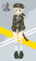 Rule 34 | 1girl, animal ears, bad id, bad pixiv id, bandaid, bandaid on knee, bandaid on leg, blonde hair, blue eyes, camouflage, collared jacket, dakku (ogitsune), field cap, full body, green hat, hair ribbon, hat, jacket, long hair, military, military jacket, military uniform, multicolored clothes, multicolored hat, original, ponytail, ribbon, socks, solo, standing, strike witches, strike witches 1991, sweatdrop, tail, uniform, world witches series