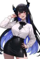 Rule 34 | 1girl, :d, absurdres, black bow, black bowtie, black hair, black horns, black skirt, blue hair, bluefield, bow, bowtie, breasts, colored inner hair, fingernails, hand on own hip, highres, hololive, hololive english, horns, large breasts, long sleeves, looking at viewer, mole, mole under eye, multicolored hair, nerissa ravencroft, open mouth, pencil skirt, red eyes, shirt, simple background, skirt, smile, solo, teeth, thighs, two-tone hair, upper teeth only, virtual youtuber, white background, white shirt