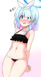 Rule 34 | 1girl, absurdres, aikir (jml5160), arona (blue archive), bikini, black bikini, blue archive, blue hair, halo, highres, multicolored hair, navel, pink background, pink hair, short hair, solo, swimsuit, two-tone hair, white background