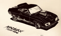 Rule 34 | absurdres, broken glass, car, commentary request, copyright name, datsan, ford falcon, glass, highres, mad max, mad max: fury road, marker (medium), monochrome, motor vehicle, muscle car, no humans, pursuit special, traditional media, twitter username, vehicle focus, window