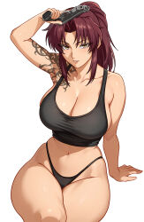 1girl absurdres arm_tattoo arm_up beretta_92 black_lagoon black_panties black_tank_top breasts brown_eyes brown_hair cetta_(cettadvd) cleavage gun handgun high_ponytail highleg highleg_panties highres holding holding_gun holding_weapon large_breasts looking_at_viewer navel panties ponytail revy_(black_lagoon) shoulder_tattoo sitting solo stomach tank_top tattoo thick_thighs thighs underwear weapon wide_hips