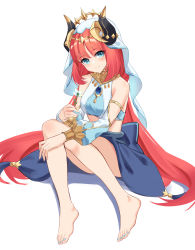 Rule 34 | 1girl, absurdres, aqua eyes, armlet, bare legs, bare shoulders, barefoot, breasts, brooch, circlet, closed mouth, clothing cutout, crop top, czk, detached sleeves, feet, forehead jewel, full body, genshin impact, gold trim, harem outfit, highres, horns, jewelry, long hair, long sleeves, looking at viewer, low twintails, medium breasts, nail polish, neck ring, nilou (genshin impact), parted bangs, puffy long sleeves, puffy sleeves, red hair, simple background, sitting, skirt, smile, toenail polish, toenails, toes, twintails, vambraces, veil, very long hair, white background