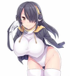Rule 34 | 10s, 1girl, amane hasuhito, bad id, bad pixiv id, black hair, blush, breasts, brown eyes, closed mouth, covered erect nipples, cowboy shot, drawstring, emperor penguin (kemono friends), gloves, groin, hair over one eye, hand up, hanging breasts, headphones, highleg, highleg leotard, hood, hood down, hoodie, kemono friends, large breasts, leaning forward, legs together, leotard, leotard under clothes, light smile, long hair, long sleeves, looking at viewer, multicolored hair, open clothes, open hoodie, salute, sidelocks, simple background, smile, solo, standing, streaked hair, taut clothes, thighhighs, turtleneck, white background, white leotard, white thighhighs