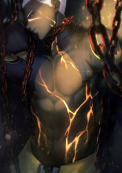 Rule 34 | 1boy, abs, bad id, bad pixiv id, chain, chained, dark-skinned male, dark persona, dark skin, emiya alter, emiya alter (third ascension) (fate), fate/grand order, fate (series), glowing cracks, highres, jam8686, long sleeves, looking at viewer, male focus, muscular, navel, pixiv fate/grand order contest 1, shrug (clothing), solo, toned, toned male, white hair