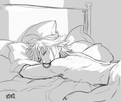 Rule 34 | 10s, 1boy, back, bed frame, bed sheet, greyscale, looking at viewer, looking back, lying, male focus, meliodas, monochrome, naked sheet, nanatsu no taizai, on stomach, pillow, seductive smile, signature, smile, solo, tattoo, toned, toned male, topless male, under covers, vetur02