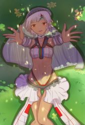 Rule 34 | 10s, 1girl, altera (fate), artoria pendragon (all), artoria pendragon (fate), blush, choker, dark-skinned female, dark skin, fate/extella, fate/extra, fate (series), from above, gluteal fold, grass, highres, looking at viewer, lying, navel, on back, on grass, outstretched arms, purple hair, reaching, reaching towards viewer, red eyes, saber (fate), solo, thighs, xue fengzi
