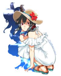 Rule 34 | 1girl, adjusting clothes, adjusting headwear, alternate costume, arm support, bare shoulders, black hair, blue ribbon, bracelet, cloud, commentary, dress, fingernails, flower, full body, hair between eyes, hair ornament, hair over shoulder, hand on headwear, hat, hat flower, hat ribbon, jewelry, kantai collection, long dress, long hair, looking at viewer, nail polish, off-shoulder dress, off shoulder, parted lips, red eyes, red ribbon, ribbon, ring, sagamiso, sandals, shaded face, sitting, sky, solo, sparkle, squatting, straw hat, twitter username, wedding band, white background, white dress, wristband, yamashiro (kancolle)