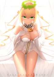 Rule 34 | 10s, 1girl, ahoge, bare shoulders, bed sheet, blonde hair, blush, breasts, bridal veil, bu li, cleavage, copyright name, detached collar, detached sleeves, fate/extra, fate/extra ccc, fate/grand order, fate (series), full-length zipper, gloves, green eyes, hair intakes, head wreath, large breasts, leotard, lock, nero claudius (bride) (fate), nero claudius (bride) (third ascension) (fate), nero claudius (fate), nero claudius (fate) (all), on bed, padlock, short hair, sitting, smile, solo, veil, white gloves, zipper, zipper pull tab