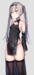 Rule 34 | 1girl, abarabone, absurdres, ahoge, bare shoulders, black dress, black panties, black thighhighs, blush, breasts, brown thighhighs, china dress, chinese clothes, closed mouth, collarbone, covered navel, detached sleeves, dress, frown, grey background, groin, hair ribbon, hairband, highres, long hair, long sleeves, looking away, original, panties, pelvic curtain, red eyes, ribbon, sidelocks, silver hair, simple background, skindentation, small breasts, solo, standing, thighhighs, thighs, twintails, underwear, very long hair