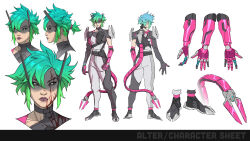 Rule 34 | 1girl, absurdres, alter (apex legends), apex legends, aqua hair, black footwear, black gloves, black sclera, blood, blood on face, bodysuit, breasts, character name, character sheet, clenched hand, collarbone, colored sclera, commentary, didier nguyen, english commentary, full body, gloves, gradient hair, green hair, grey bodysuit, highres, mechanical arms, mechanical tail, multicolored hair, multiple views, official art, pink gloves, ponytail, production art, purple lips, short hair, simple background, single glove, single mechanical arm, small breasts, tail, two-tone gloves, white background, white eyes