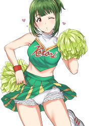 Rule 34 | 1girl, ;o, armpits, cheerleader, clothes lift, commentary request, frilled panties, frills, green hair, green skirt, heart, highres, idolmaster, idolmaster (classic), midriff, one eye closed, otonashi kotori, panties, pleated skirt, red eyes, red scrunchie, scrunchie, shoes, skirt, skirt lift, sneakers, socks, solo, tsurui, underwear, white background, white footwear, white socks, wrist scrunchie