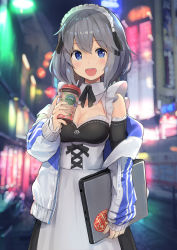 Rule 34 | 1girl, :d, apron, backlighting, bare shoulders, black dress, black ribbon, blue eyes, blue jacket, blurry, blurry background, blush, breasts, city, cleavage, coffee cup, computer, cowboy shot, cross-laced clothes, cup, depth of field, detached collar, detached sleeves, disposable cup, dress, drinking straw, female focus, frills, highres, holding, holding cup, holding laptop, isegawa yasutaka, jacket, laptop, long sleeves, maid, maid headdress, medium breasts, neck ribbon, novel illustration, off shoulder, official art, open clothes, open jacket, open mouth, outdoors, ribbon, round teeth, short hair, silver hair, smile, solo, teeth, track jacket, underbust, unzipped, upper teeth only, white apron, zenryaku koroshiya cafe de hataraku koto ni narimashita.