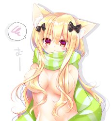 Rule 34 | 1girl, :&lt;, animal ear fluff, animal ears, black bow, blonde hair, blush, bow, breasts, cat ears, closed mouth, commentary request, drop shadow, enpera, hair between eyes, hair bow, hair censor, hair over breasts, large breasts, long hair, looking at viewer, naked scarf, navel, original, red eyes, scarf, shikito (yawa0w0), solo, spoken squiggle, squiggle, striped clothes, striped scarf, upper body, v-shaped eyebrows, vertical-striped clothes, vertical-striped scarf, very long hair, white background